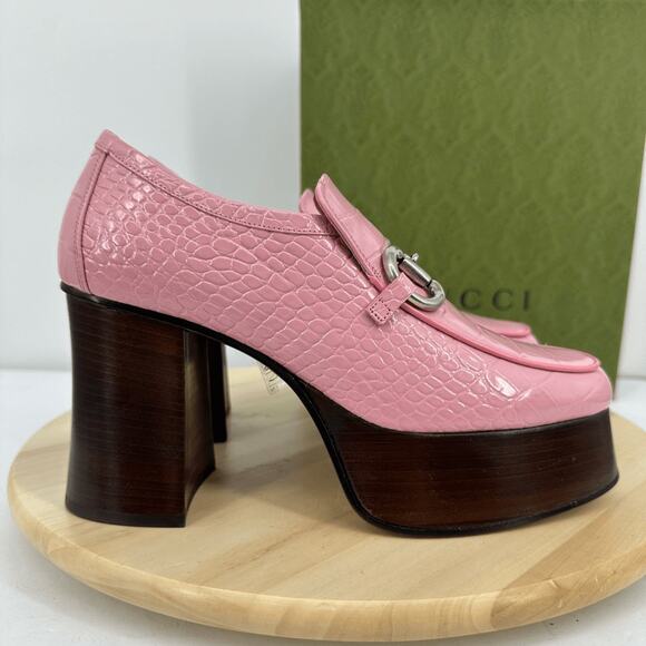 Gucci Horsebit Leather Platform Loafers EUR 39 US 9 Pink Croc Embossed NEW - Picture 1 of 15